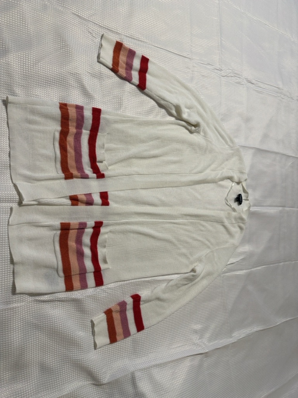 Torrid Women’s Cream Open-Front Cardigan with Pink & Red Stripe Accents